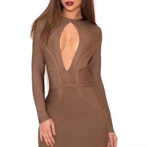 House of CB Brown Plunge Neck Bodycon Mini Dress